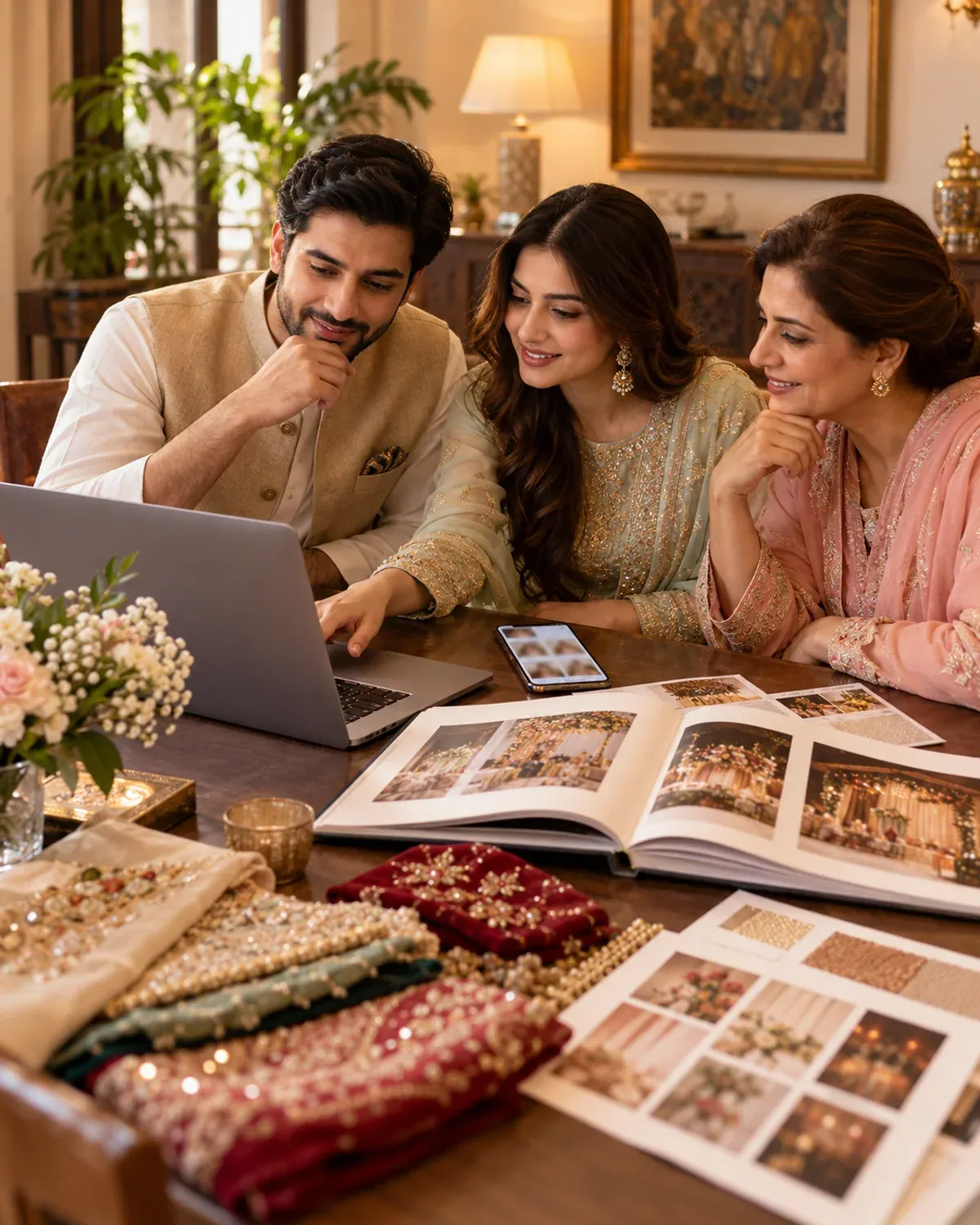 Pakistani family comparing wedding suppliers using a laptop, phone and portfolio album.