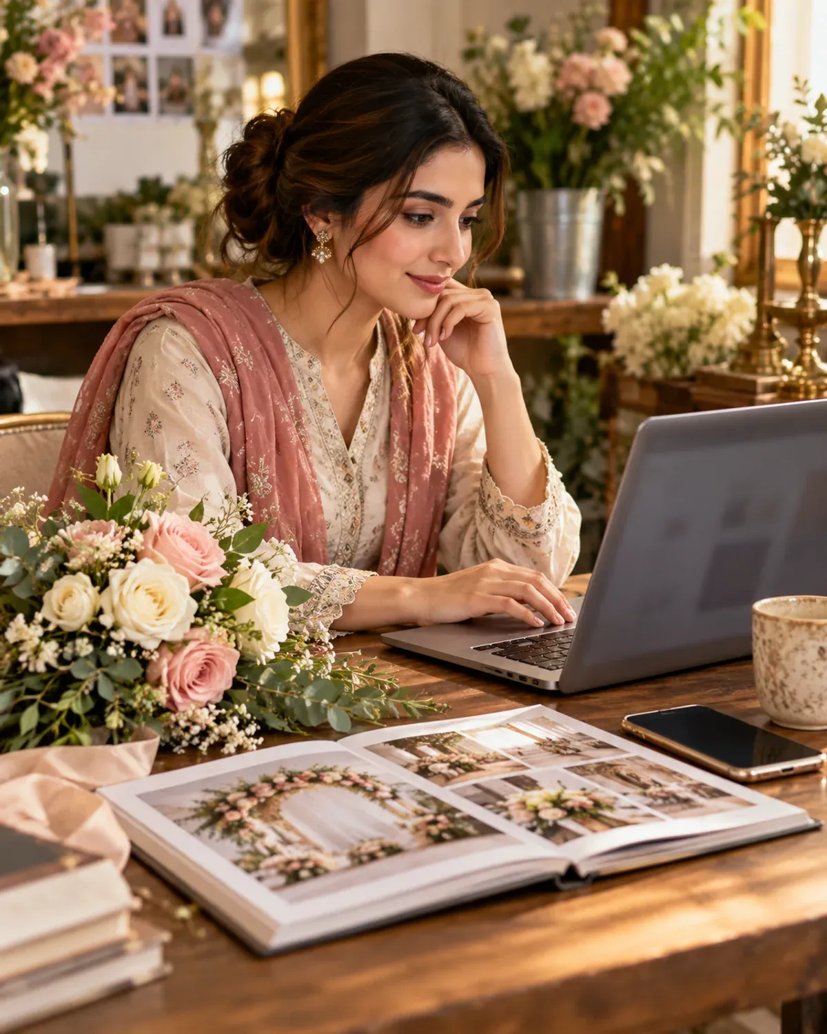 Wedding florist preparing her business profile at a laptop beside a bouquet and portfolio.