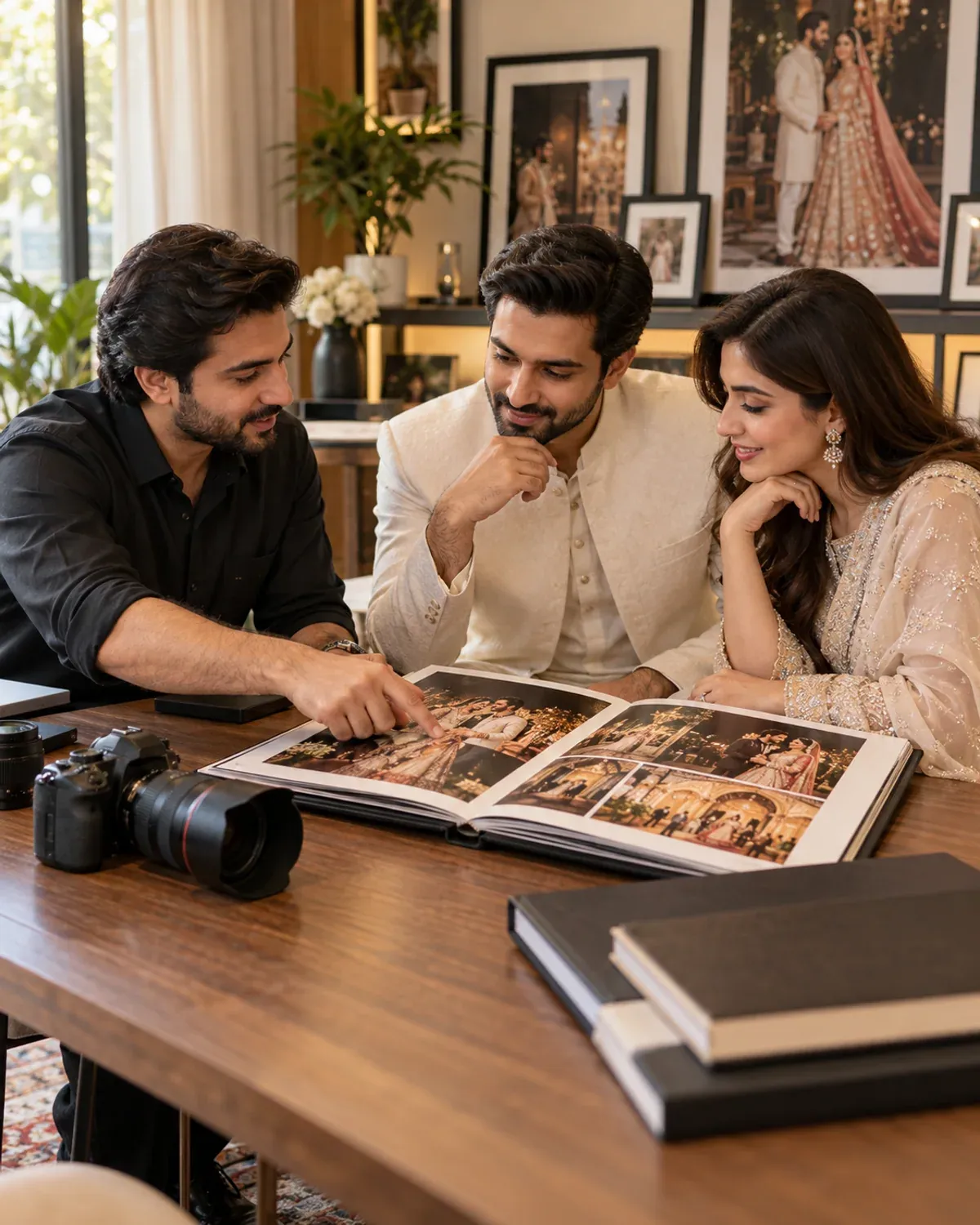 Couple reviewing wedding albums during a photographer consultation.