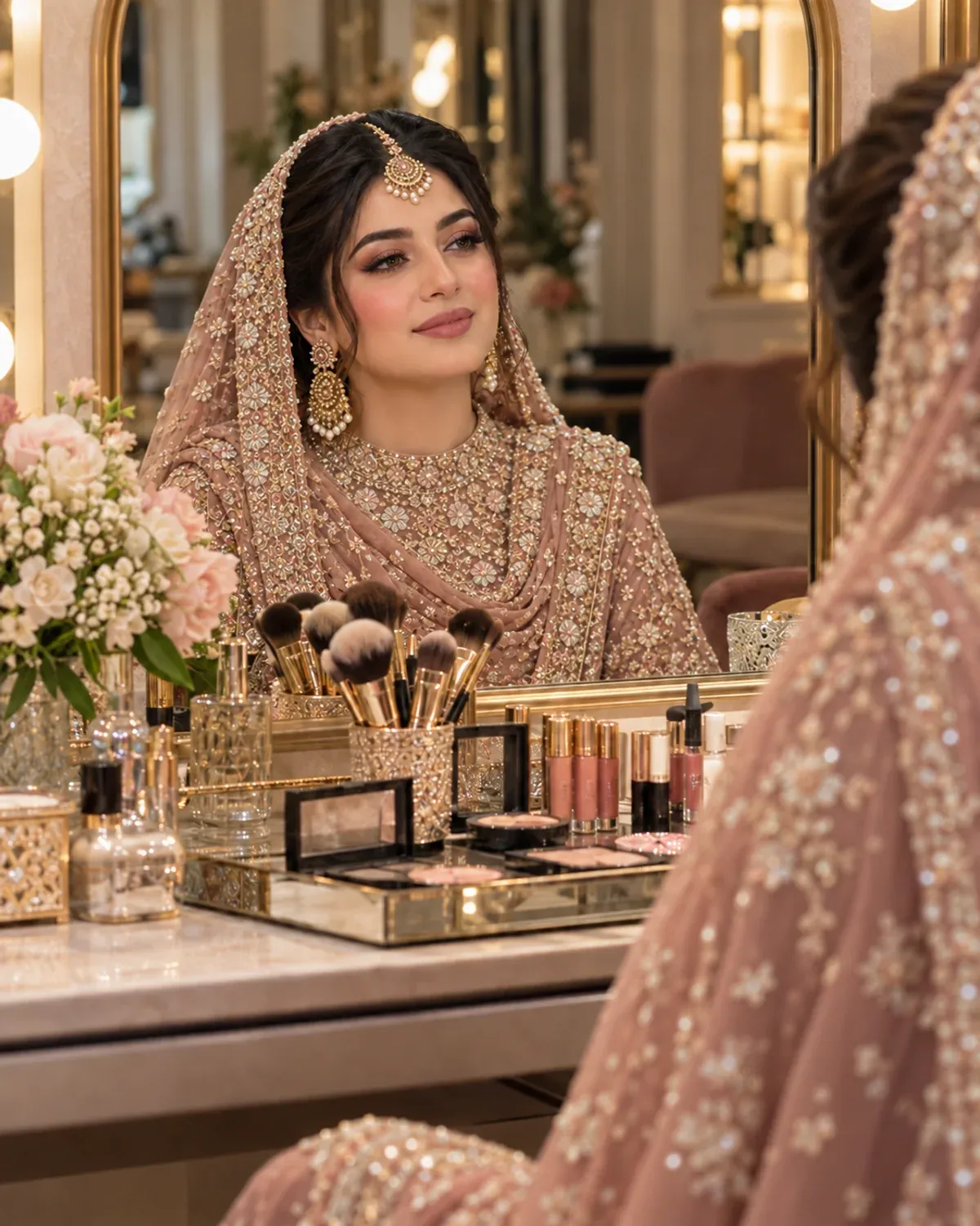 Bride in a high-neck Pakistani outfit and draped dupatta at a makeup vanity.