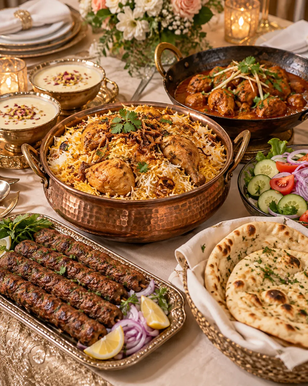 Pakistani wedding catering spread with biryani, karahi, kebabs, naan and kheer.