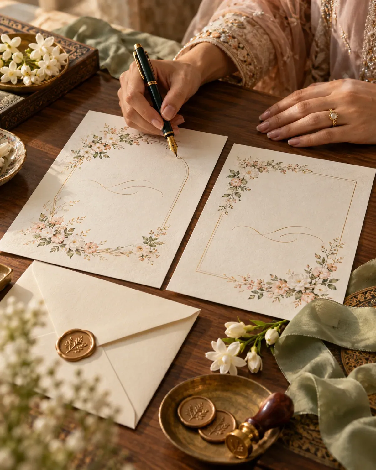 Wedding invitation stationery and fountain pen arranged for preparing invitation wording.