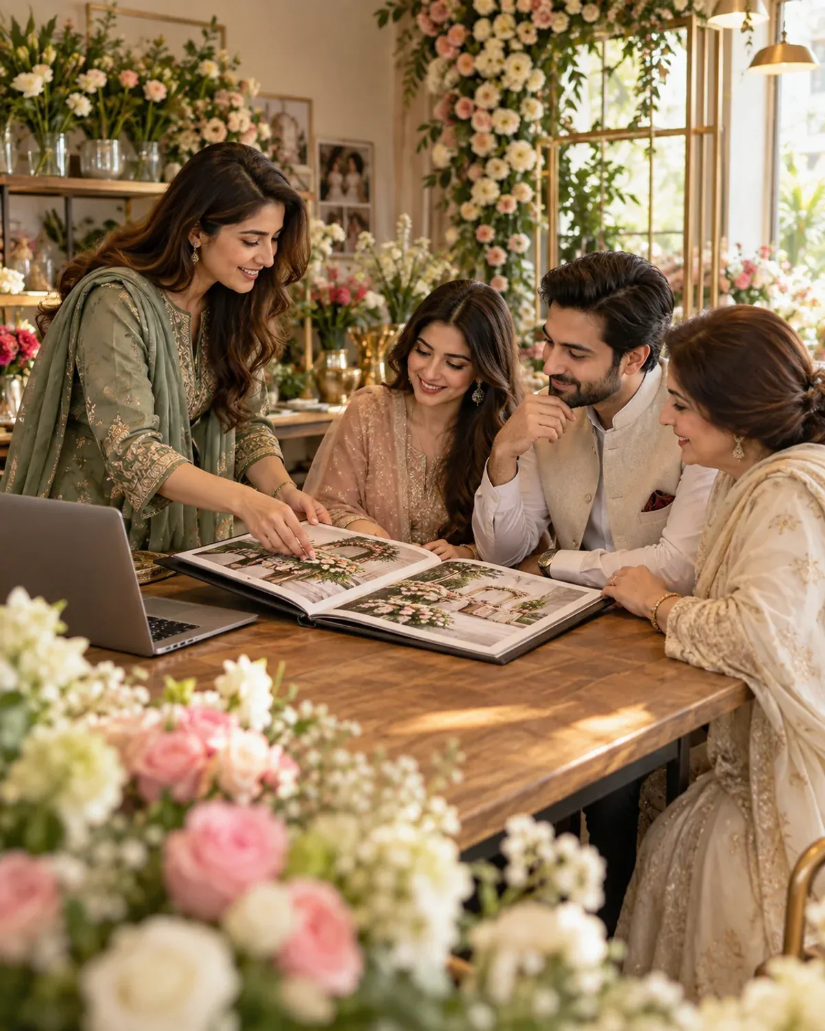Wedding florist discussing her portfolio with a couple and their parent.