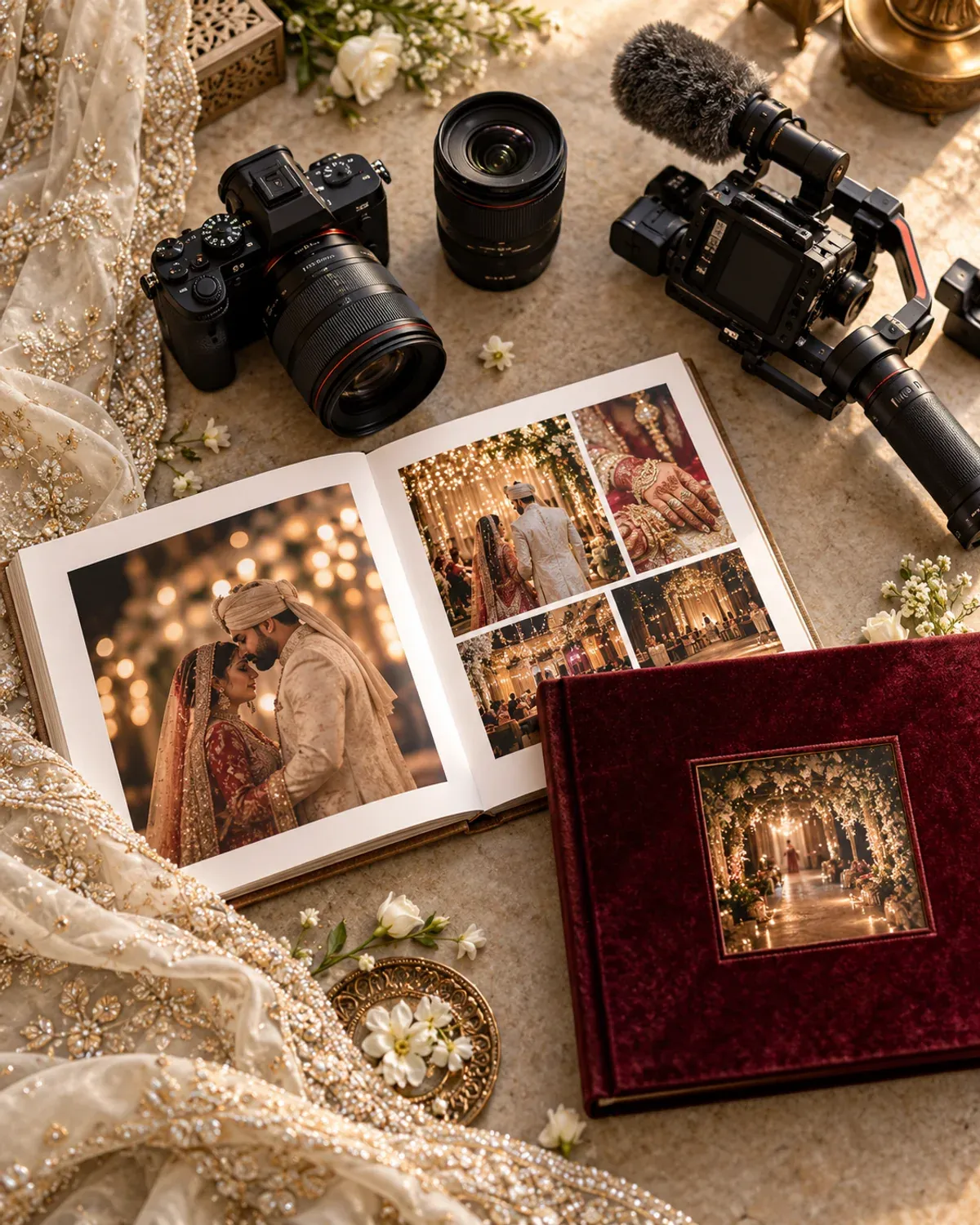 Wedding photography and video equipment beside an open wedding album.