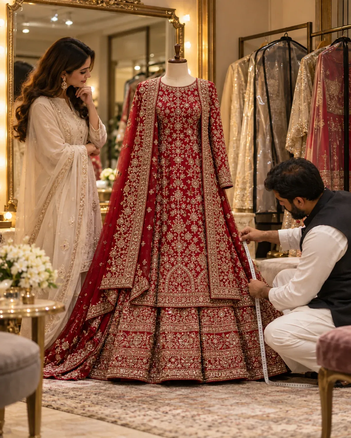 Bride-to-be and tailor examining a modest red Pakistani bridal outfit on a mannequin.
