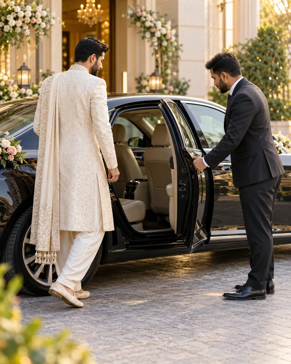 Chauffeur welcoming a groom to a wedding car with the rear passenger door open.