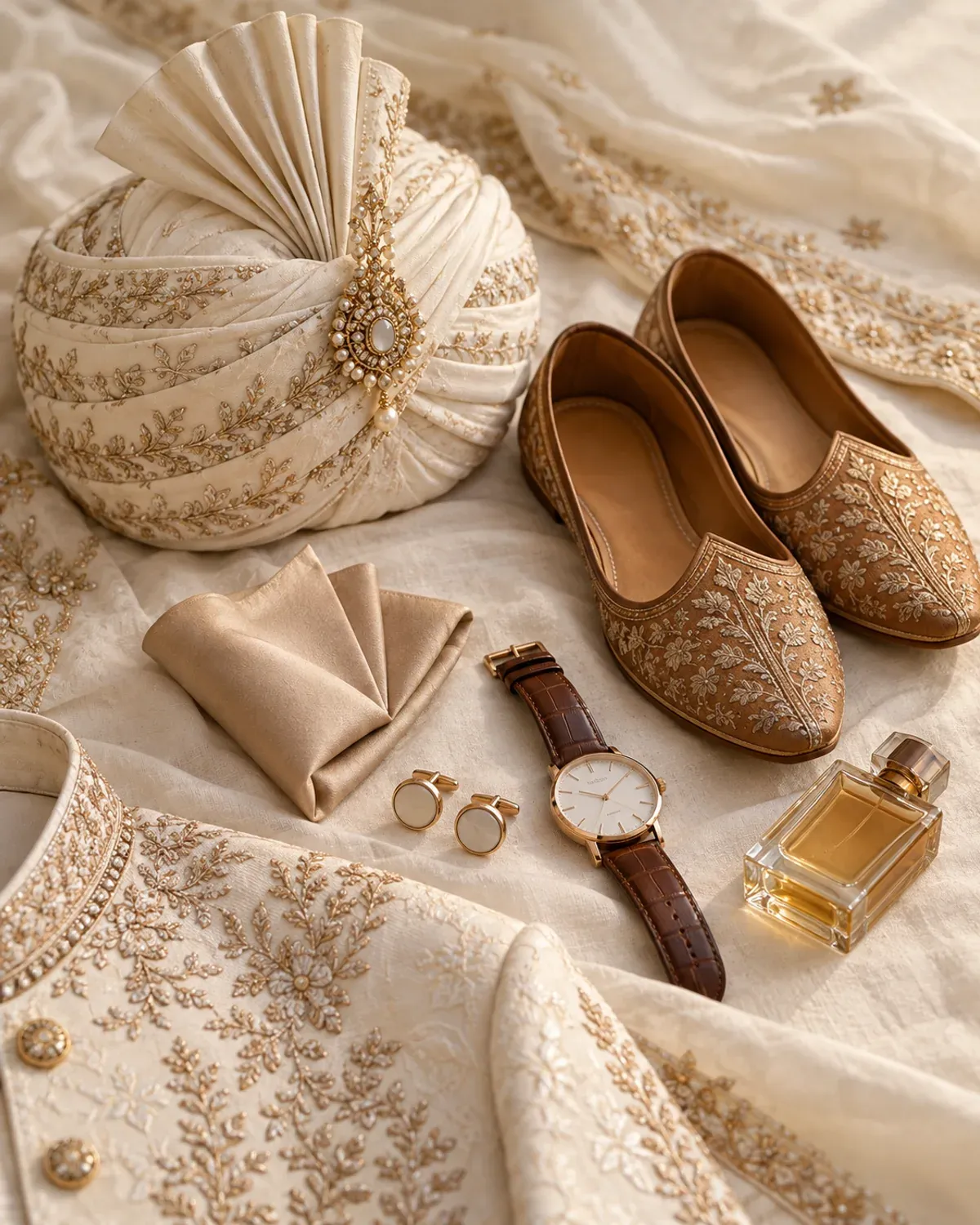 Pakistani groom accessories including kulla, khussa shoes, cufflinks and a pocket square.