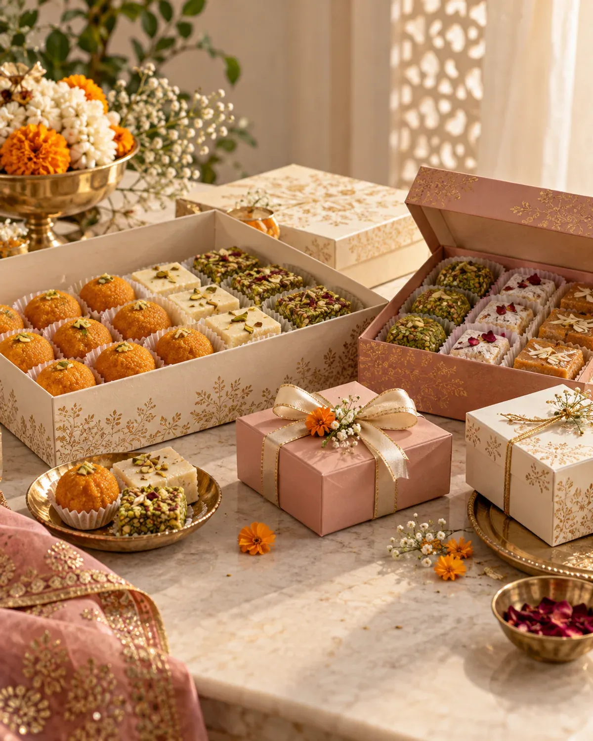 Pakistani mithai and ribbon-tied wedding favour boxes arranged on a table.