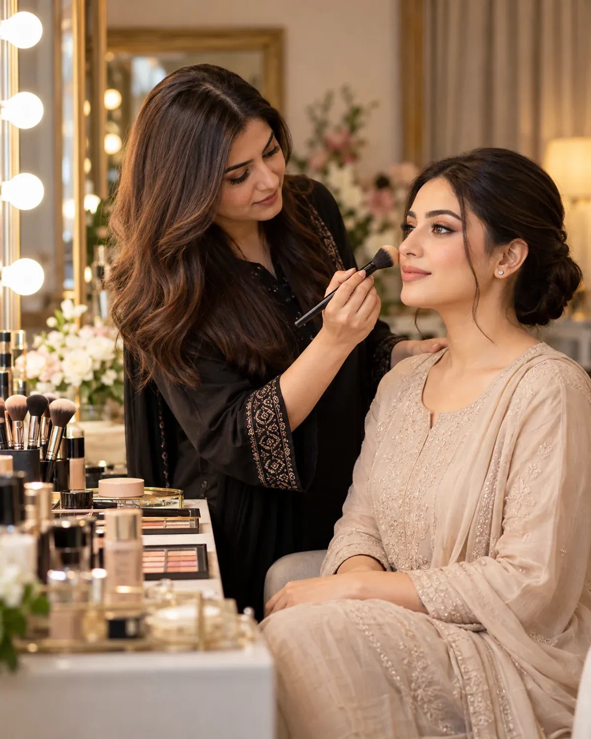 Makeup artist applying a bridal makeup trial in a softly lit salon.