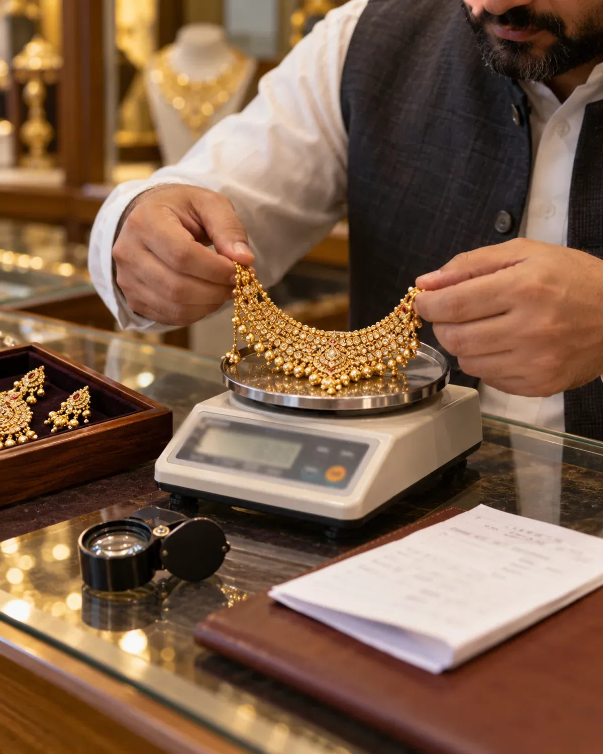Jeweller checking a bridal necklace on a precision scale beside a receipt and loupe.
