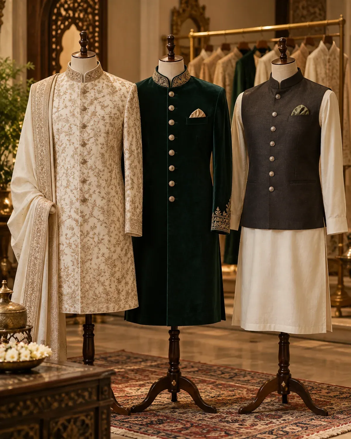 Ivory sherwani, green prince coat and charcoal waistcoat displayed in a groom-wear boutique.