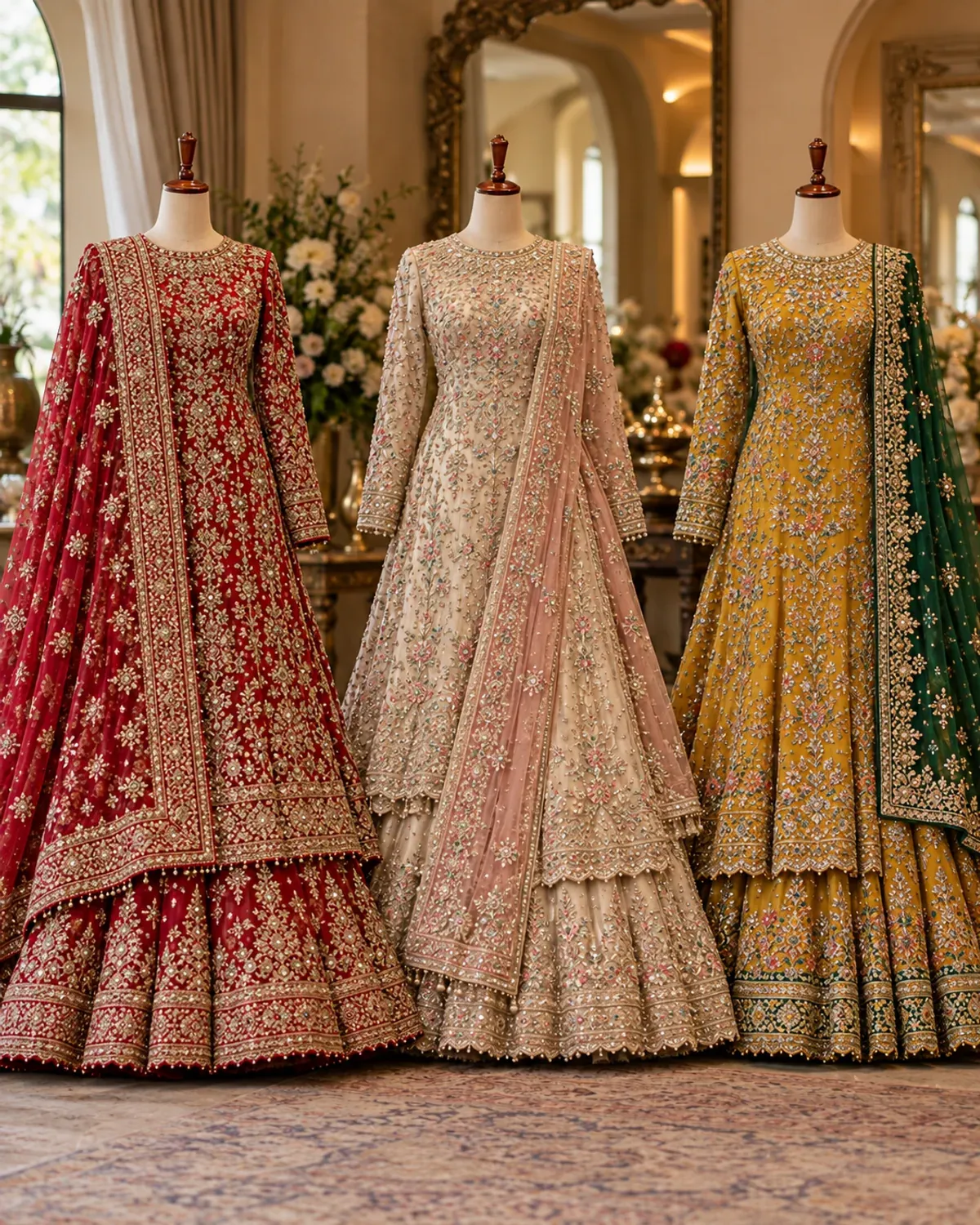 Modest Pakistani bridal outfits in red, ivory and yellow with full sleeves and draped dupattas.