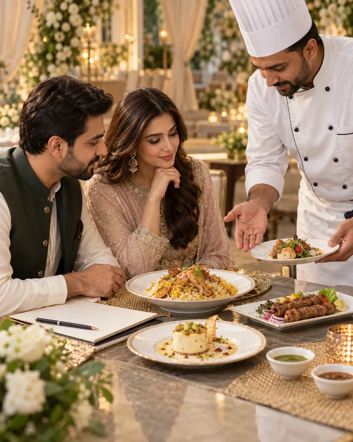 Couple sampling wedding menu dishes during a consultation with a caterer.
