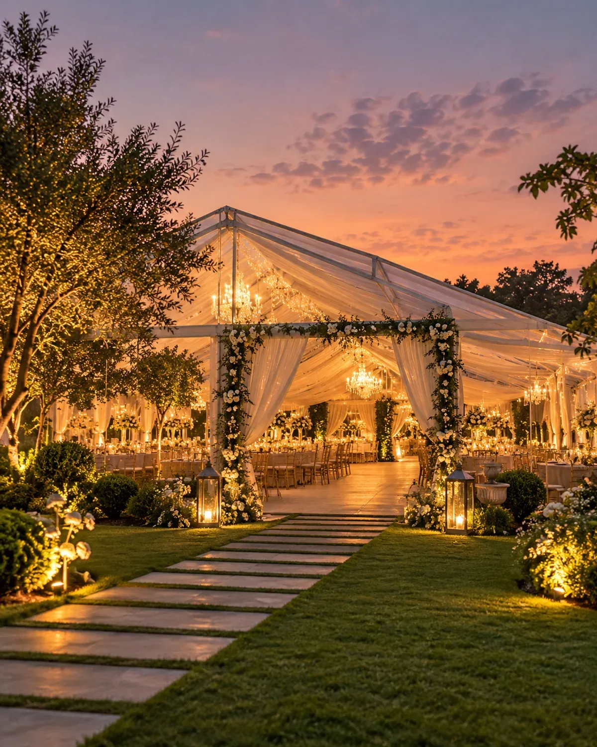 Illuminated wedding marquee opening onto a landscaped lawn at twilight.