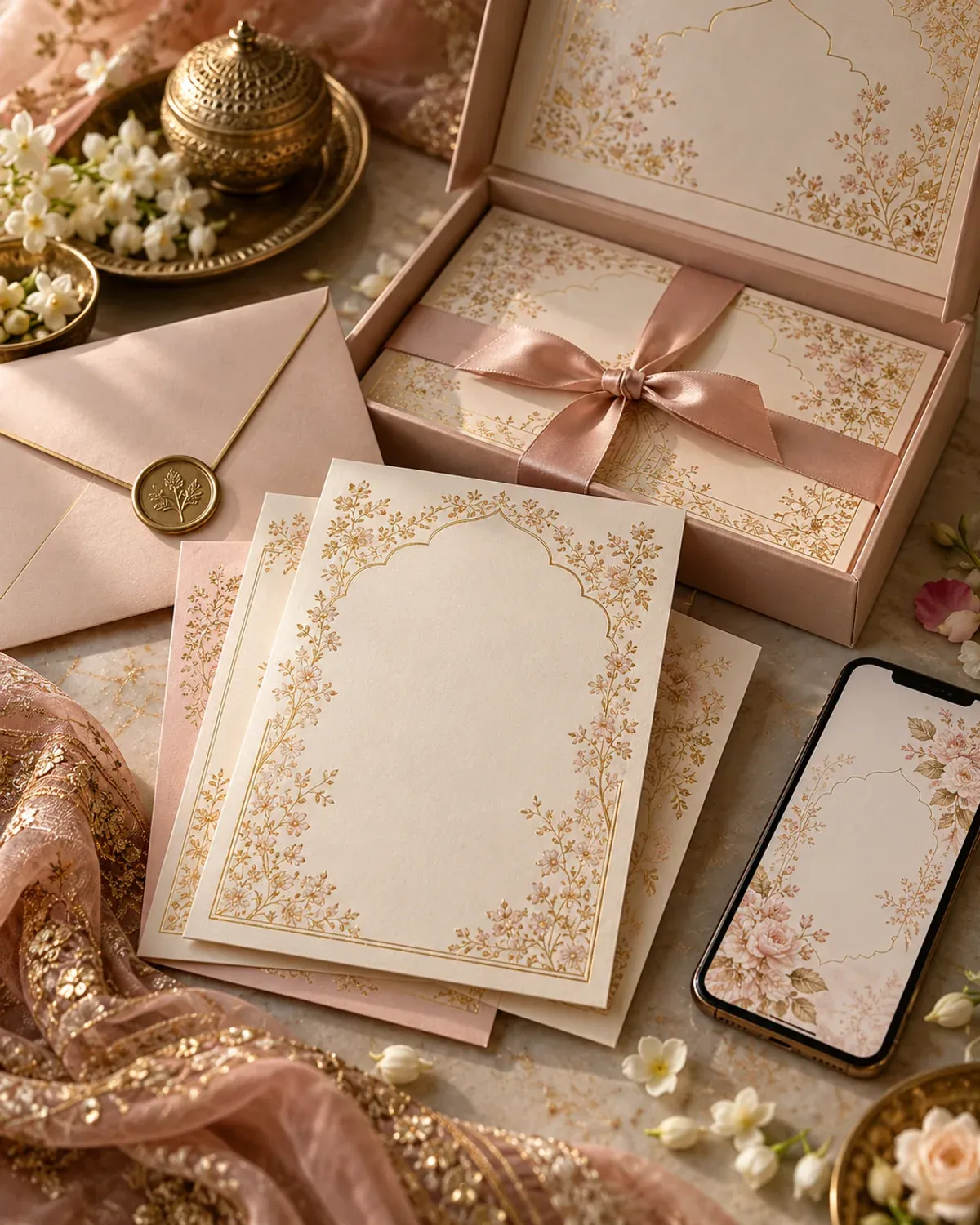 Printed and boxed wedding invitations beside a phone showing a floral invitation design.
