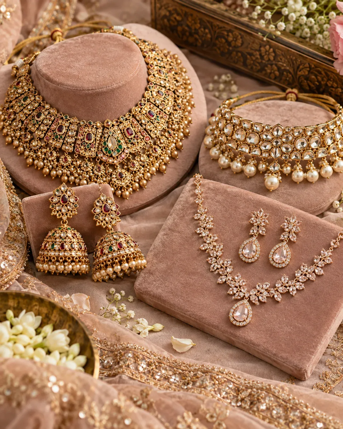 Traditional bridal jewellery sets displayed on blush velvet.