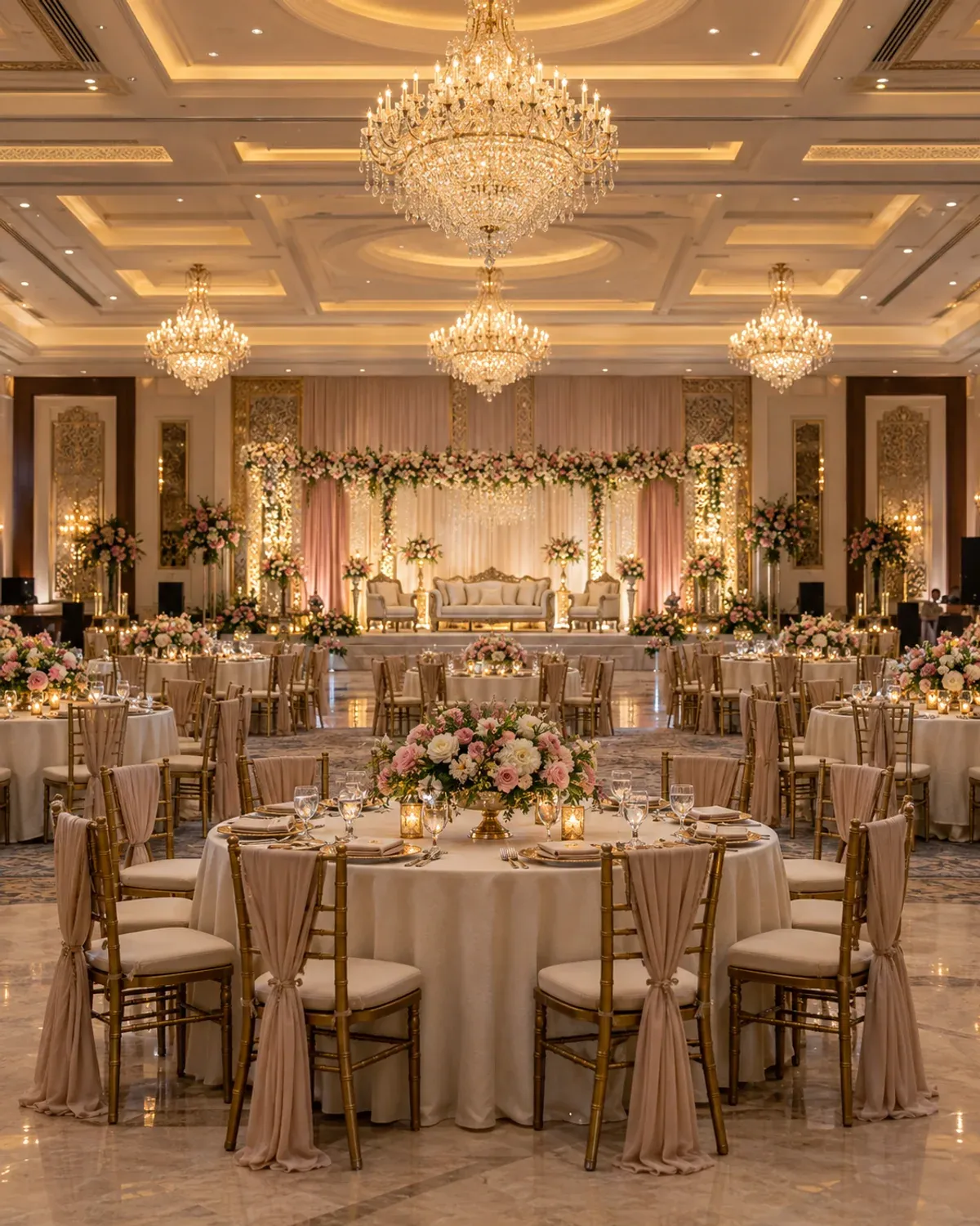 Wedding banquet hall with round tables, chandeliers and a floral reception stage.