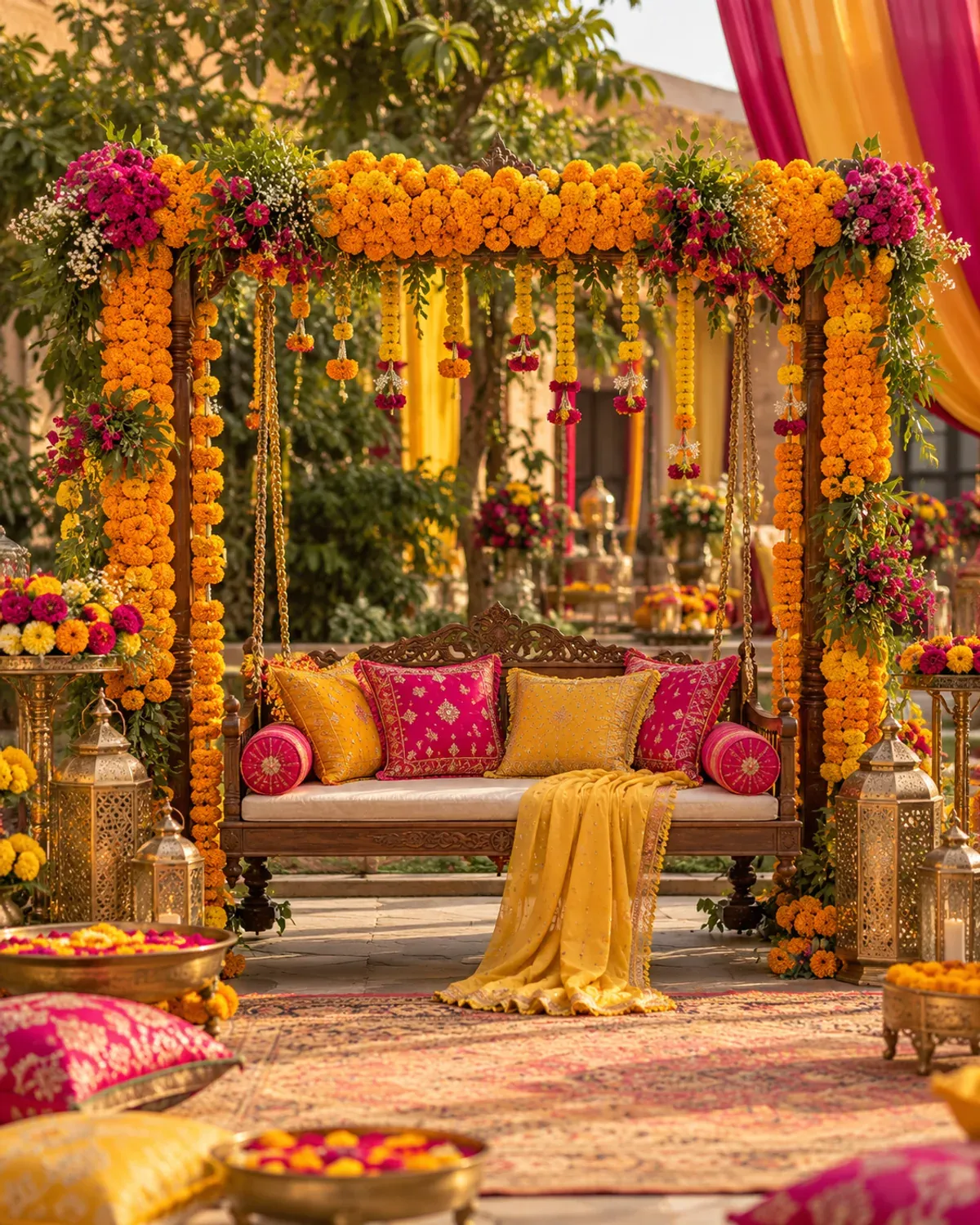 Pakistani mehndi swing framed by marigold garlands and colourful textiles.
