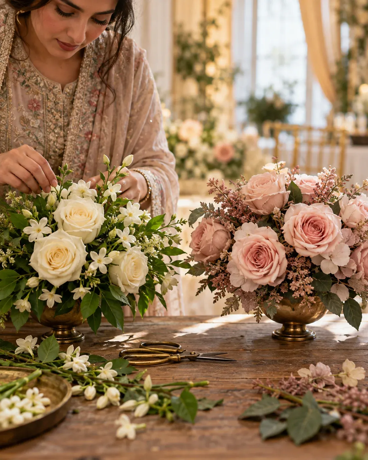 Florist comparing ivory fresh flowers and blush artificial floral arrangements.