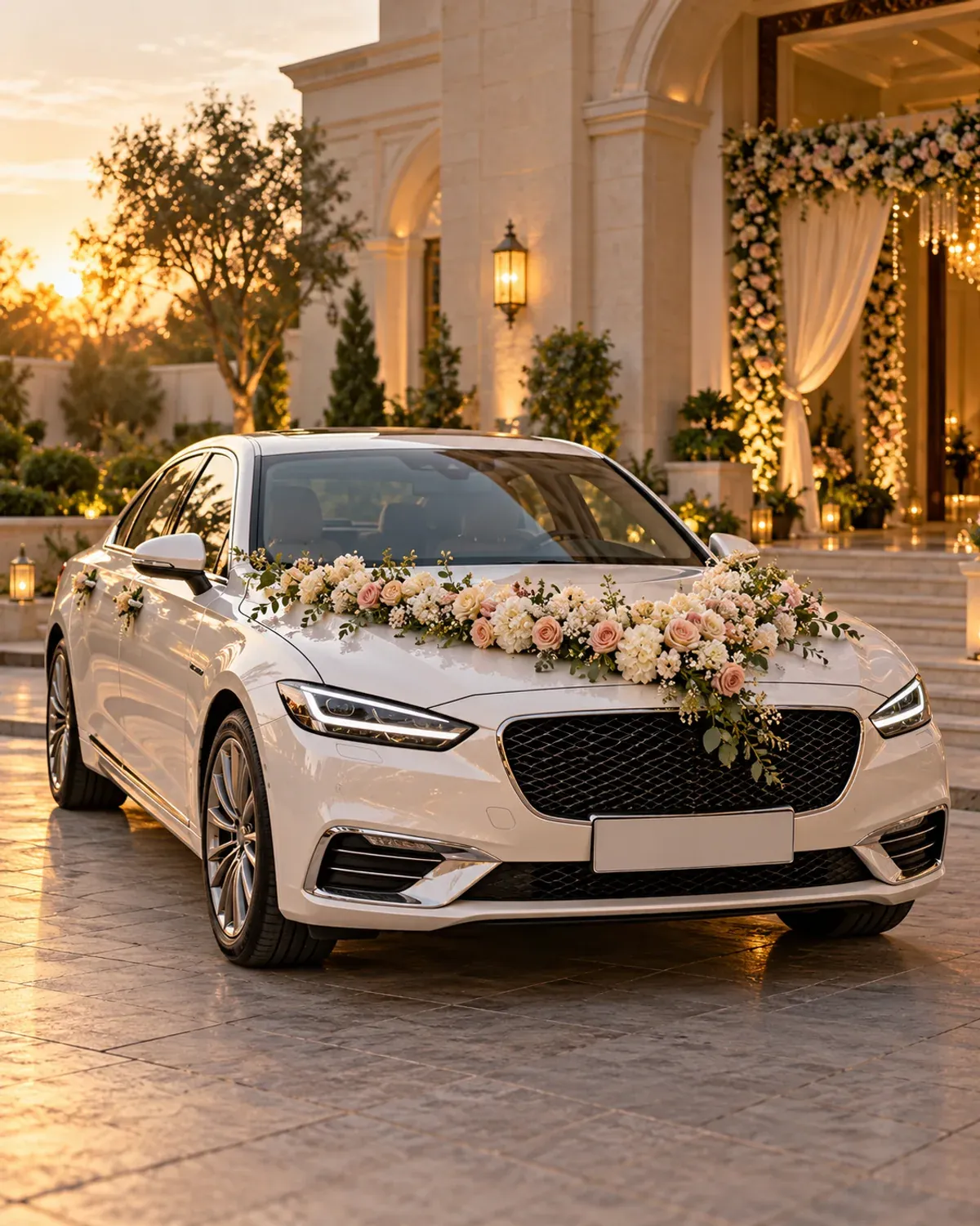 White wedding car with a floral hood decoration outside a reception venue.