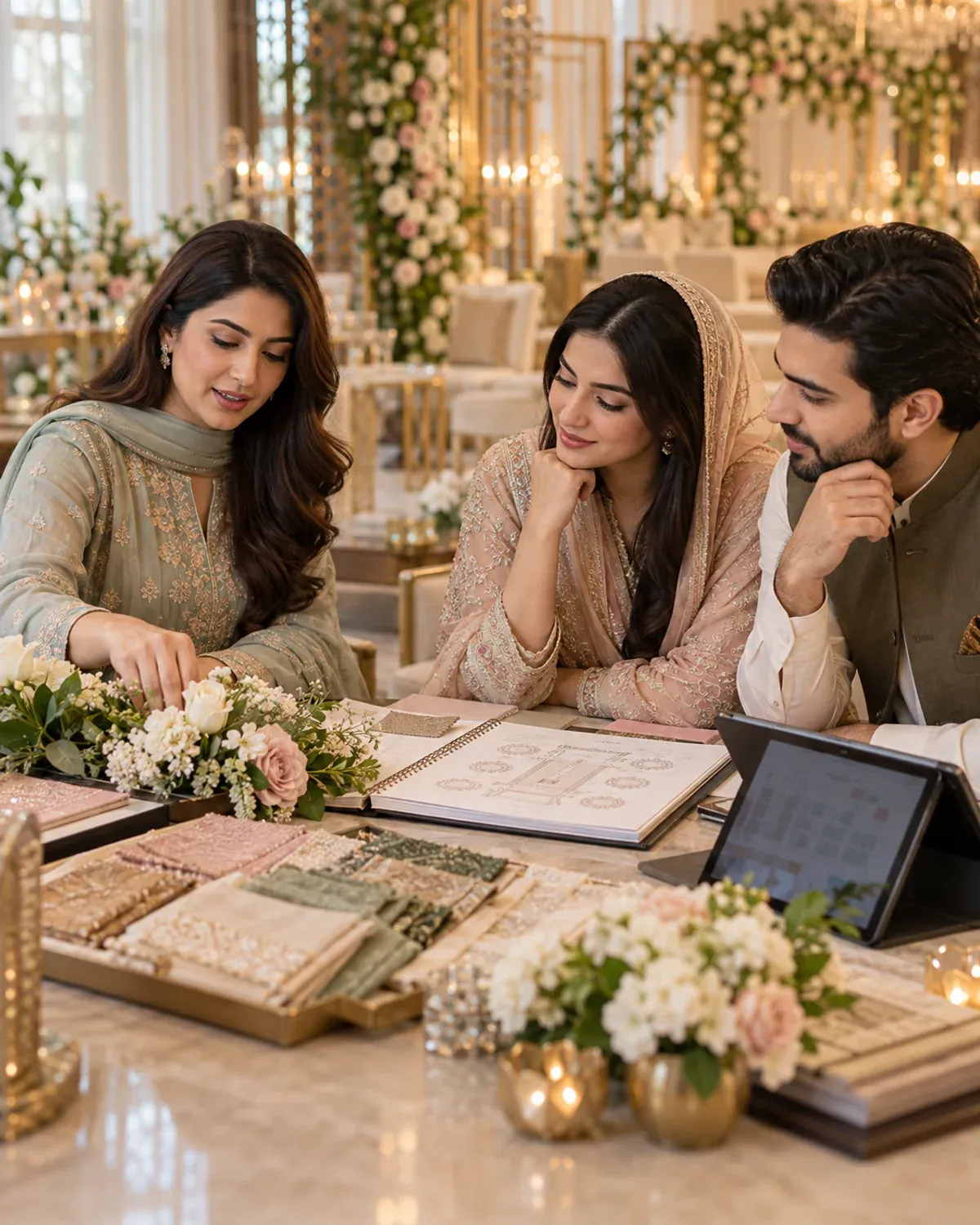 Wedding planner reviewing seating plans and fabric samples with a Pakistani couple.